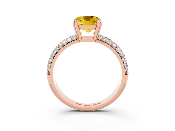 Rose gold Cushion Cut Yellow Sapphire Vintage Milgrain Ring with Round  Stations
