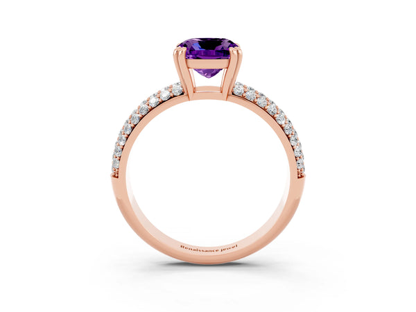 Rose gold Cushion Cut Amethyst Vintage Milgrain Ring with Round  Stations