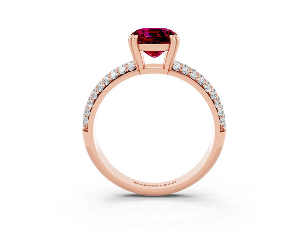 Rose gold Cushion Cut Garnet Vintage Milgrain Ring with Round  Stations