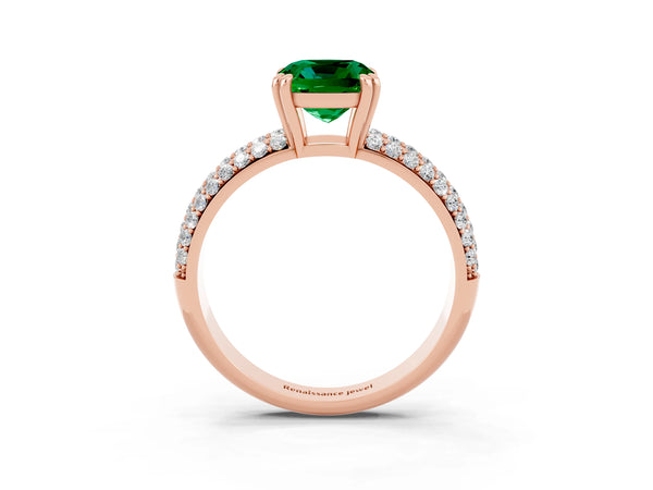 Rose gold Cushion Cut Emerald Vintage Milgrain Ring with Round  Stations