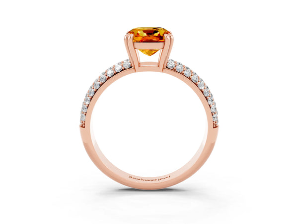 Rose gold Cushion Cut Citrine Vintage Milgrain Ring with Round  Stations