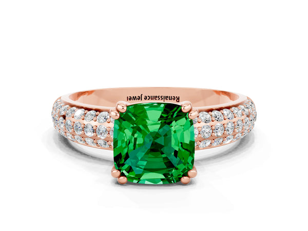 Rose gold Cushion Cut Emerald Vintage Milgrain Ring with Round  Stations