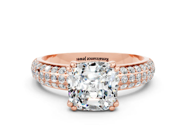 Rose gold Cushion Cut Moissanite Vintage Milgrain Ring with Round  Stations