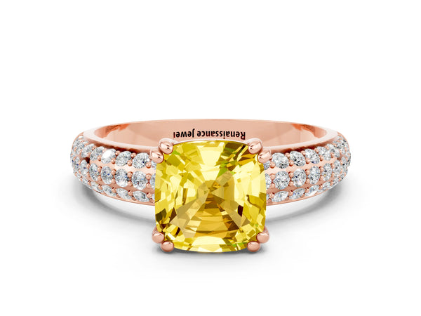 Rose gold Cushion Cut Yellow Sapphire Vintage Milgrain Ring with Round  Stations