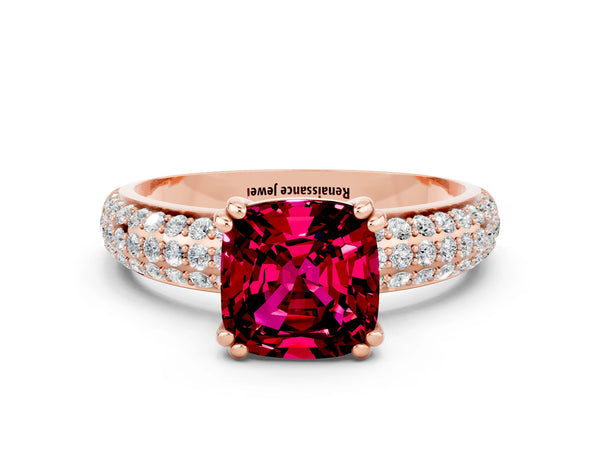 Rose gold Cushion Cut Garnet Vintage Milgrain Ring with Round  Stations