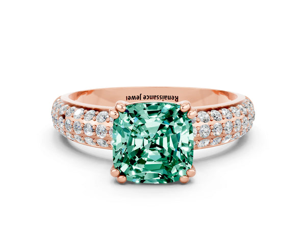 Rose gold Cushion Cut Green Sapphire Vintage Milgrain Ring with Round  Stations
