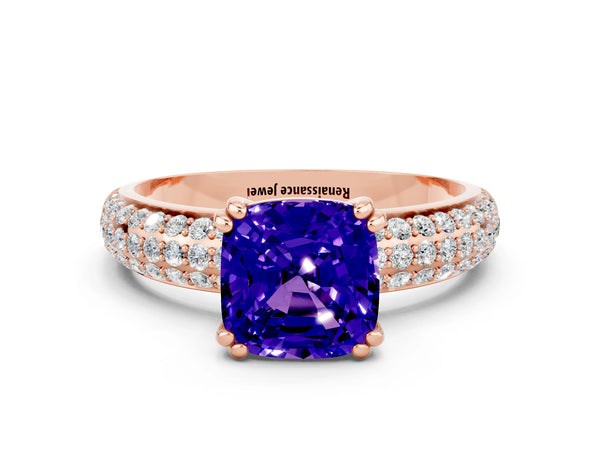 Rose gold Cushion Cut Tanzanite Vintage Milgrain Ring with Round  Stations