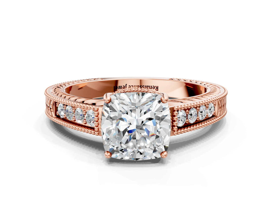 Rose gold Cushion Cut Cut Diamond Milgrain Pave Band Four-Prong Setting Ring_3