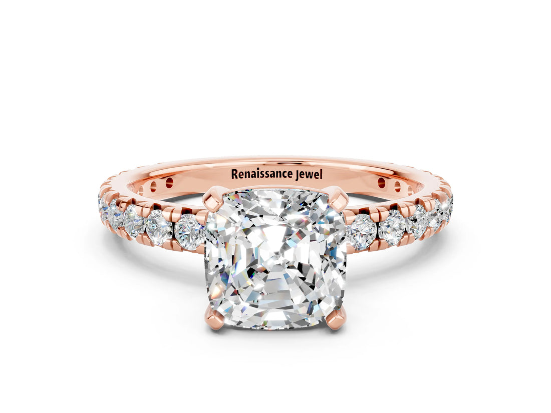 Rose gold Cushion Cut Cut Diamond Pavé Band with Four-Prong Setting