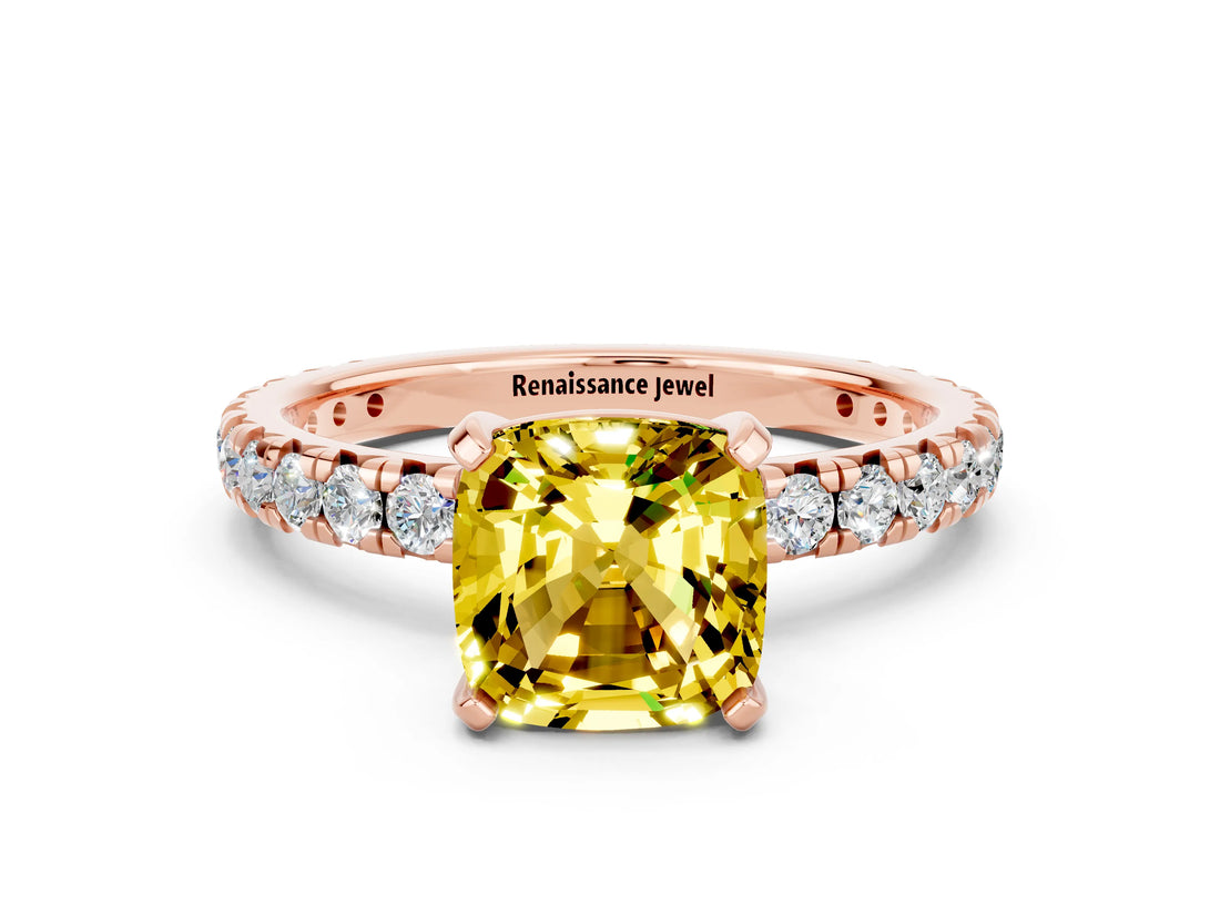 Rose gold Cushion Cut Cut Diamond Pavé Band with Four-Prong Setting