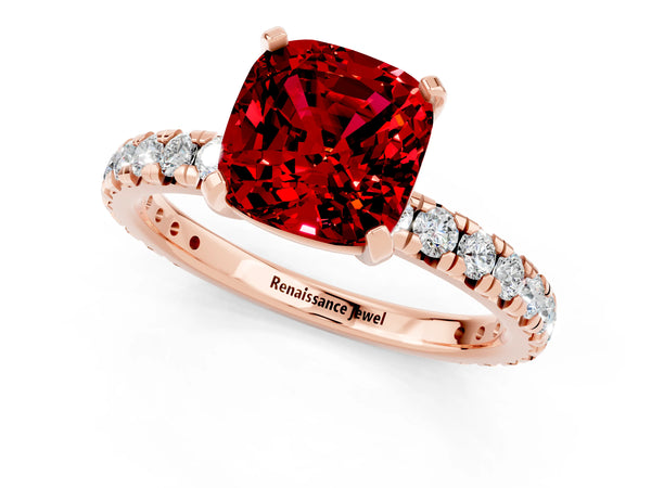 Rose gold Cushion Cut Cut Diamond Pavé Band with Four-Prong Setting
