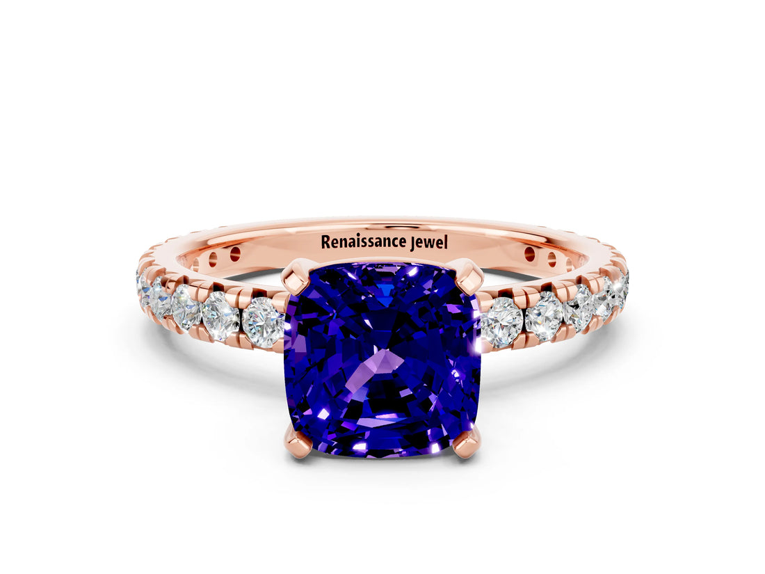 Rose gold Cushion Cut Cut Diamond Pavé Band with Four-Prong Setting