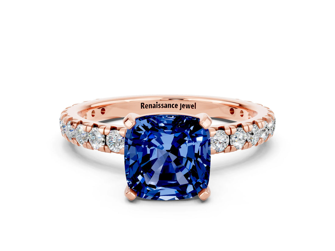 Rose gold Cushion Cut Cut Diamond Pavé Band with Four-Prong Setting