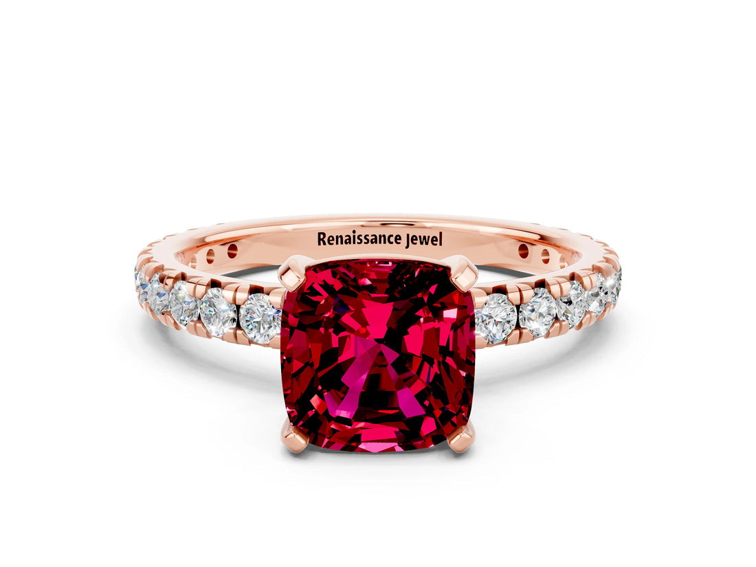 Rose gold Cushion Cut Cut Diamond Pavé Band with Four-Prong Setting