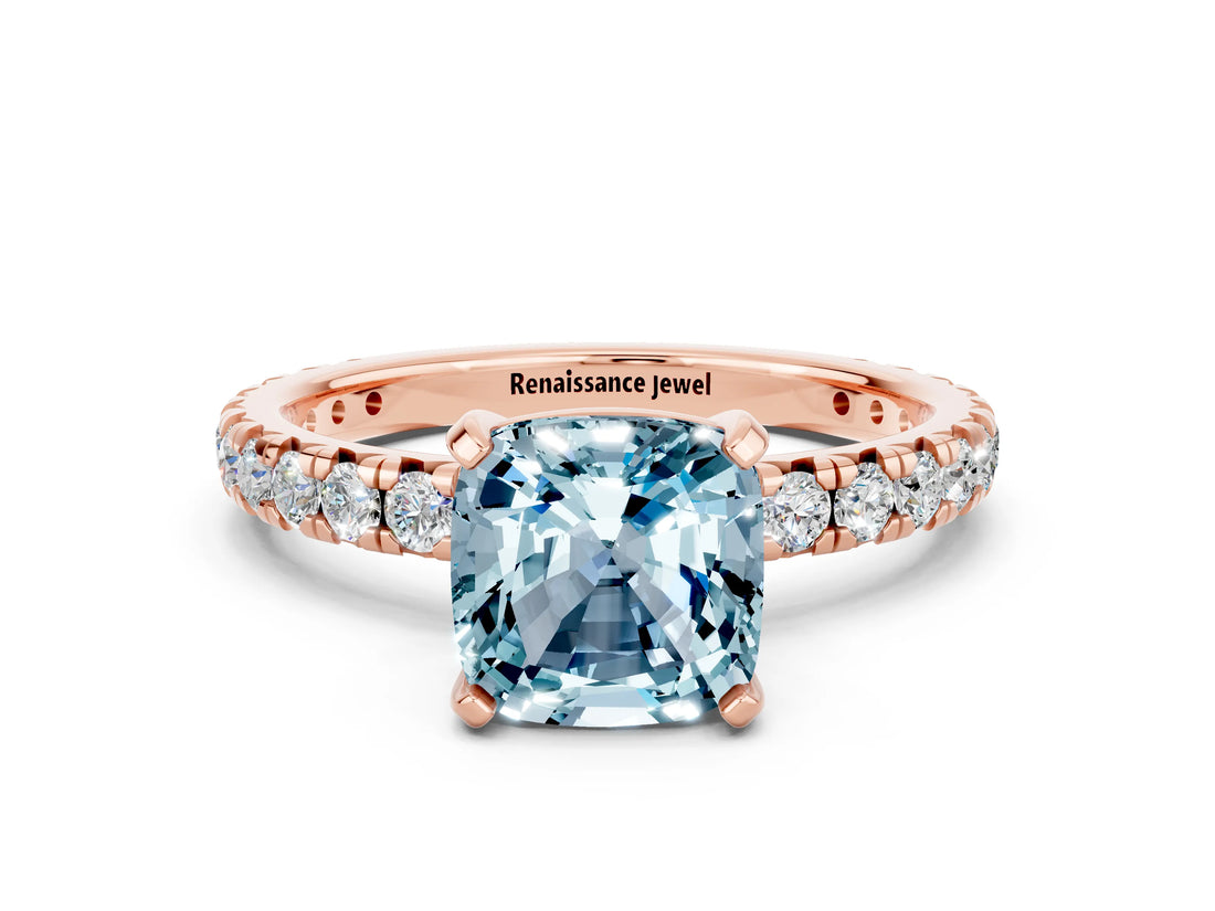 Rose gold Cushion Cut Cut Diamond Pavé Band with Four-Prong Setting
