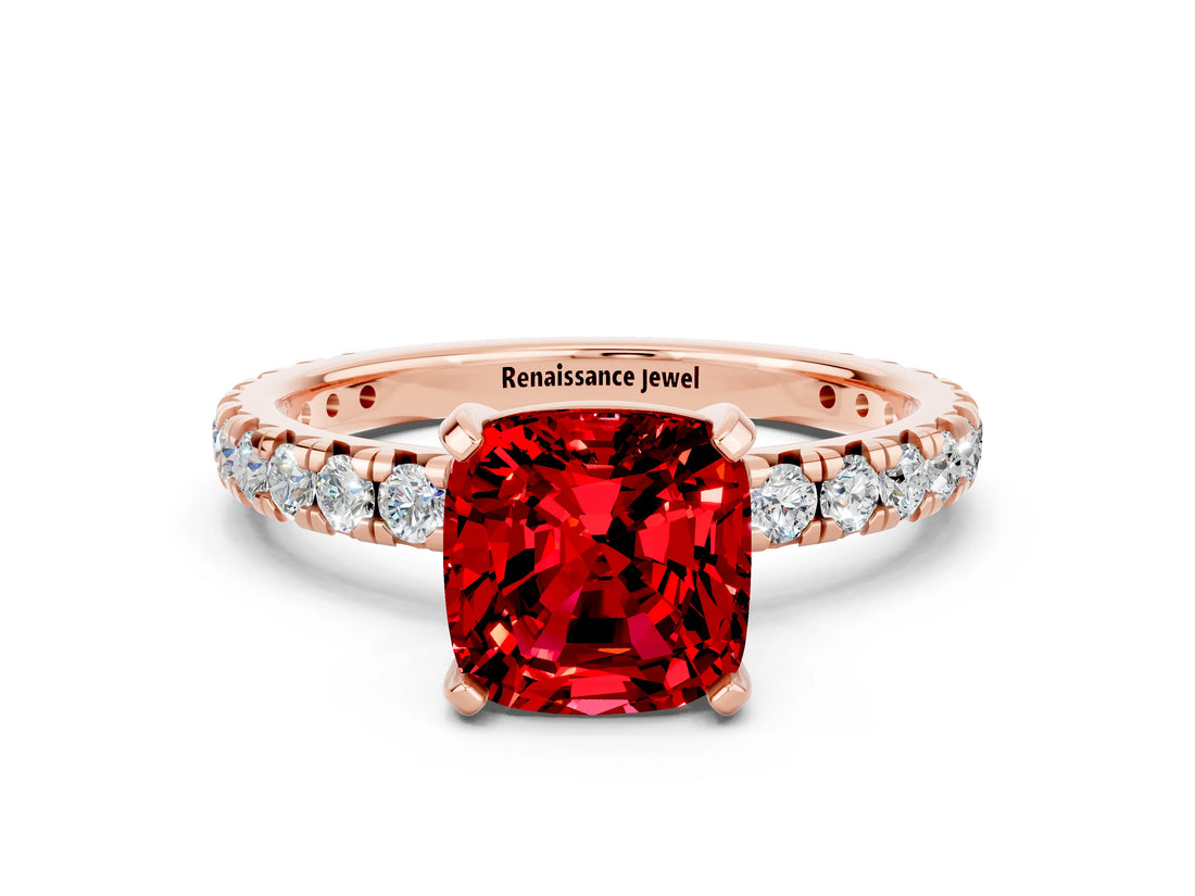 Rose gold Cushion Cut Cut Diamond Pavé Band with Four-Prong Setting