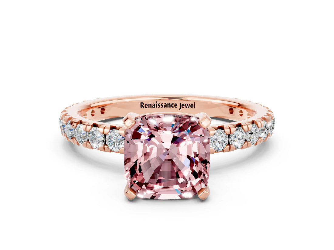 Rose gold Cushion Cut Cut Diamond Pavé Band with Four-Prong Setting