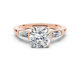 Rose gold Cushion Cut Cut Diamond Ring with Tapered Baguette Side Stones in Four-Prong Setting