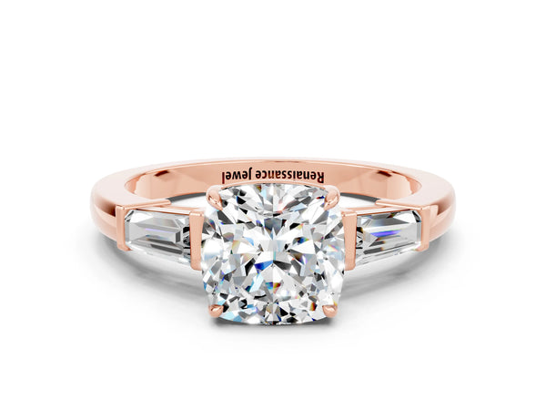 Rose gold Cushion Cut Moissanite Three-Stone Ring with Tapered Baguette Side Stones and Prong Setting