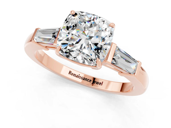 Rose gold Cushion Cut Moissanite Three-Stone Ring with Tapered Baguette Side Stones and Prong Setting