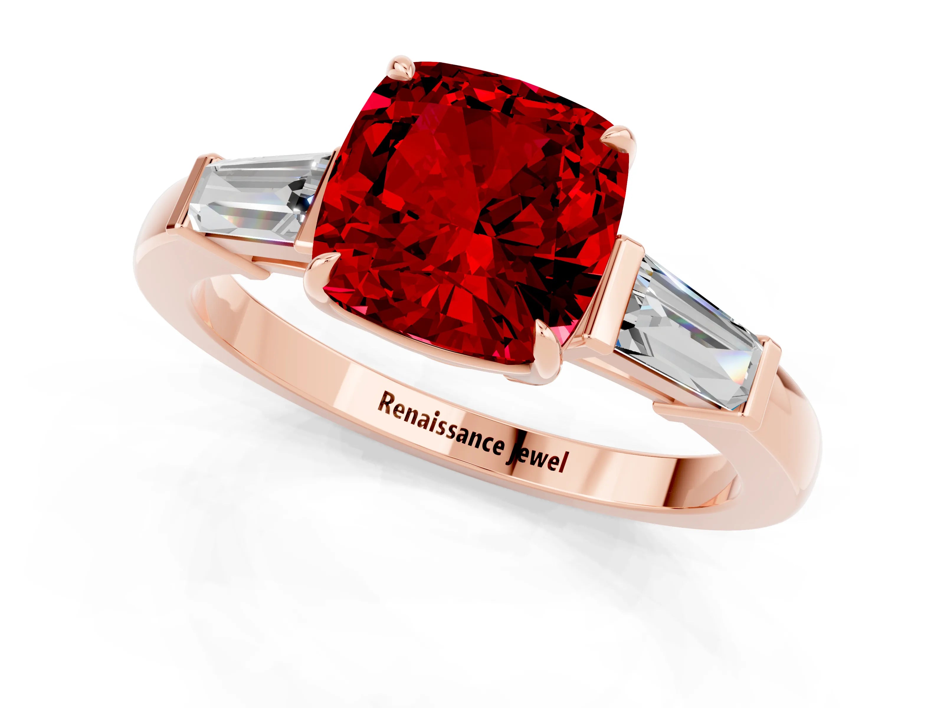 Rose gold Cushion Cut Cut Diamond Ring with Tapered Baguette Side Stones in Four-Prong Setting_1