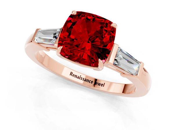 Rose gold Cushion Cut Cut Diamond Ring with Tapered Baguette Side Stones in Four-Prong Setting