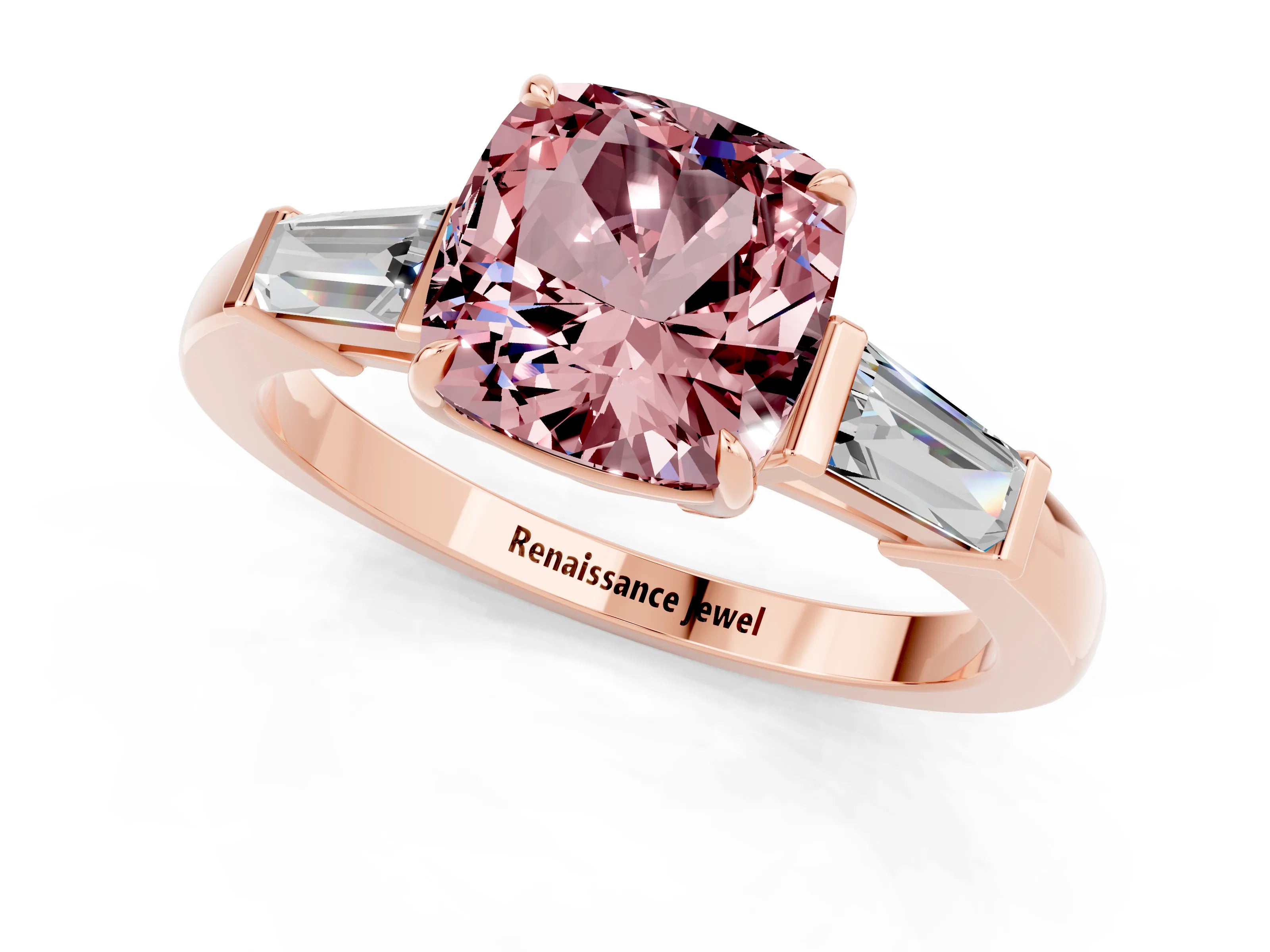 Rose gold Cushion Cut Cut Diamond Ring with Tapered Baguette Side Stones in Four-Prong Setting_1