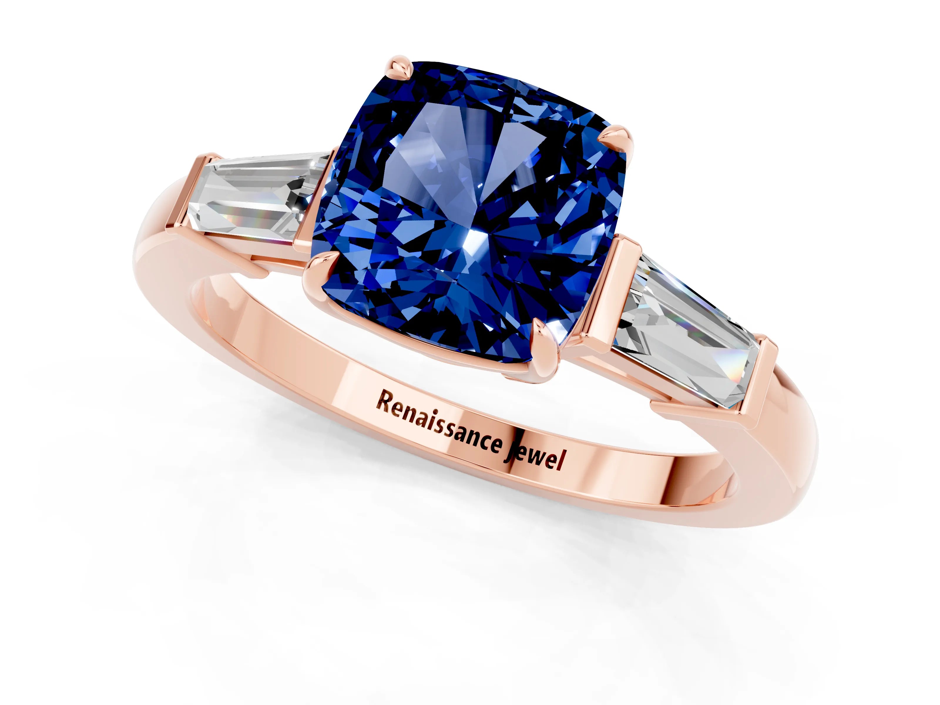 Rose gold Cushion Cut Cut Diamond Ring with Tapered Baguette Side Stones in Four-Prong Setting_1
