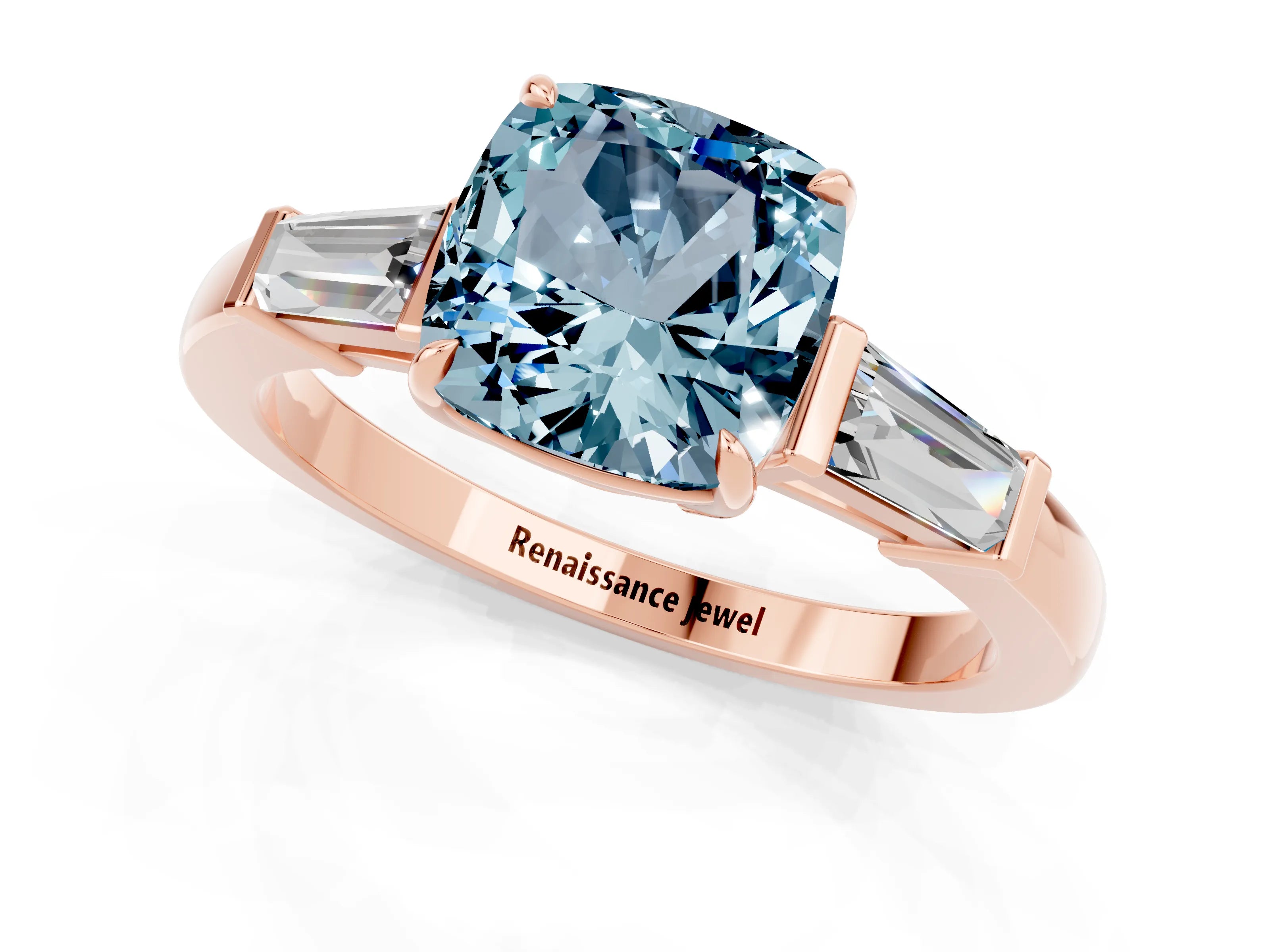 Rose gold Cushion Cut Cut Diamond Ring with Tapered Baguette Side Stones in Four-Prong Setting_1