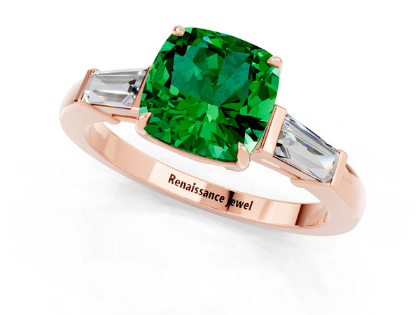 Rose gold Cushion Cut Emerald Three-Stone Ring with Tapered Baguette Side Stones and Prong Setting