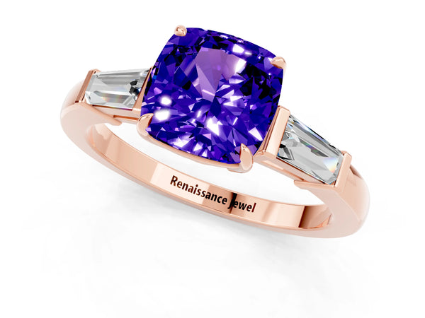 Rose gold Cushion Cut Tanzanite Three-Stone Ring with Tapered Baguette Side Stones and Prong Setting