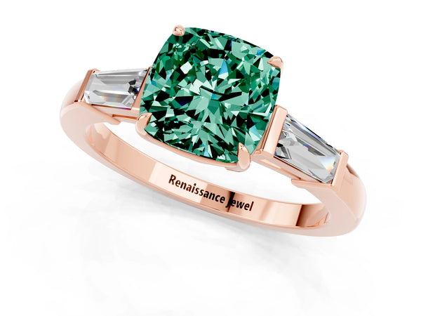 Rose gold Cushion Cut Green Sapphire Three-Stone Ring with Tapered Baguette Side Stones and Prong Setting