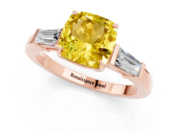 Rose gold Cushion Cut Yellow Sapphire Three-Stone Ring with Tapered Baguette Side Stones and Prong Setting