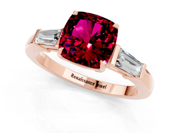 Rose gold Cushion Cut Garnet Three-Stone Ring with Tapered Baguette Side Stones and Prong Setting