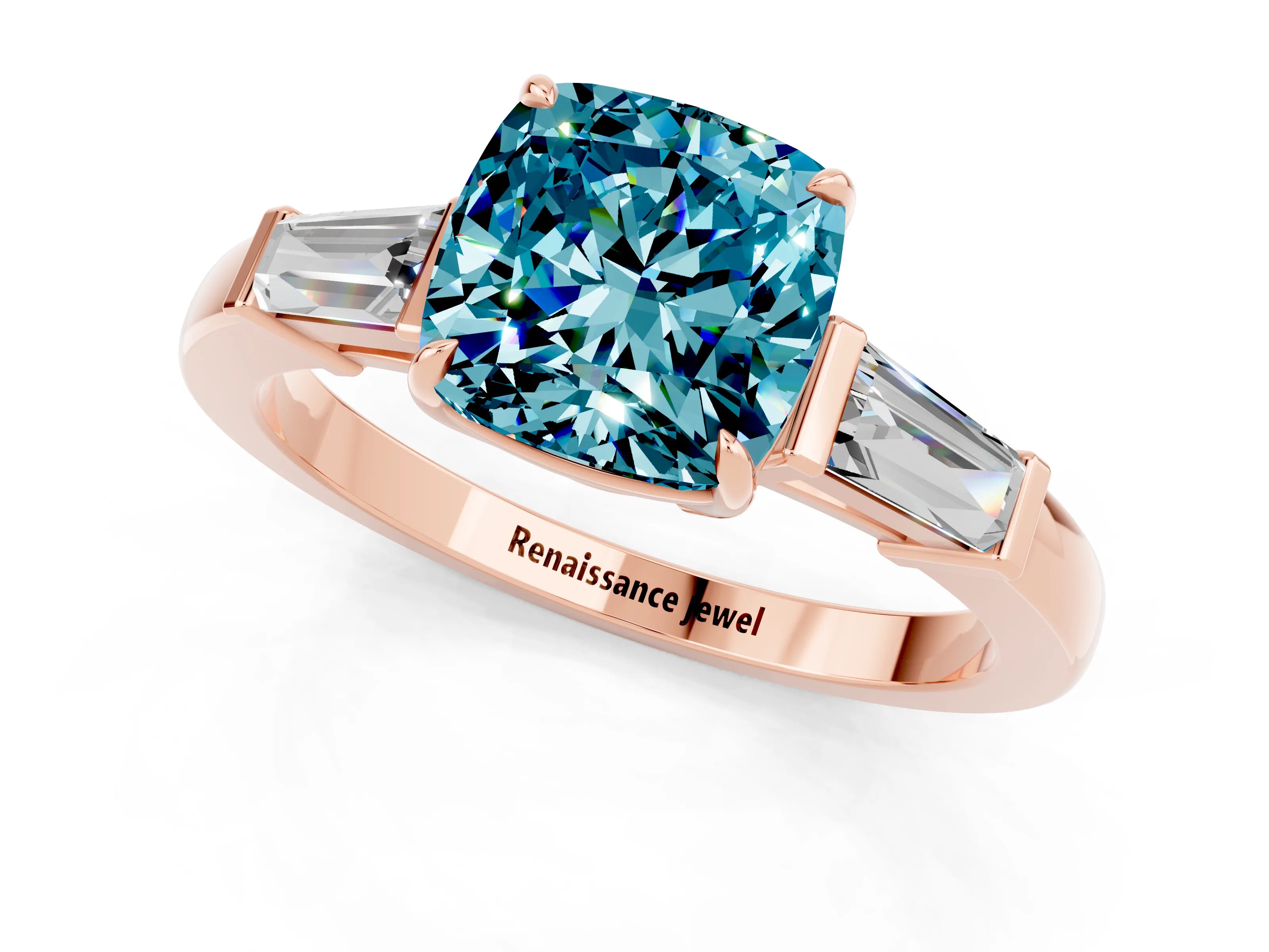Rose gold Cushion Cut Cut Diamond Ring with Tapered Baguette Side Stones in Four-Prong Setting_1