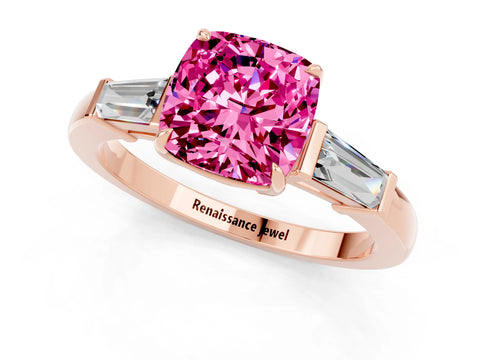Rose gold Cushion Cut Cut Diamond Ring with Tapered Baguette Side Stones in Four-Prong Setting_1