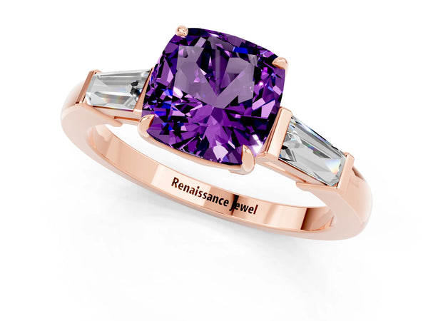 Rose gold Cushion Cut Amethyst Three-Stone Ring with Tapered Baguette Side Stones and Prong Setting