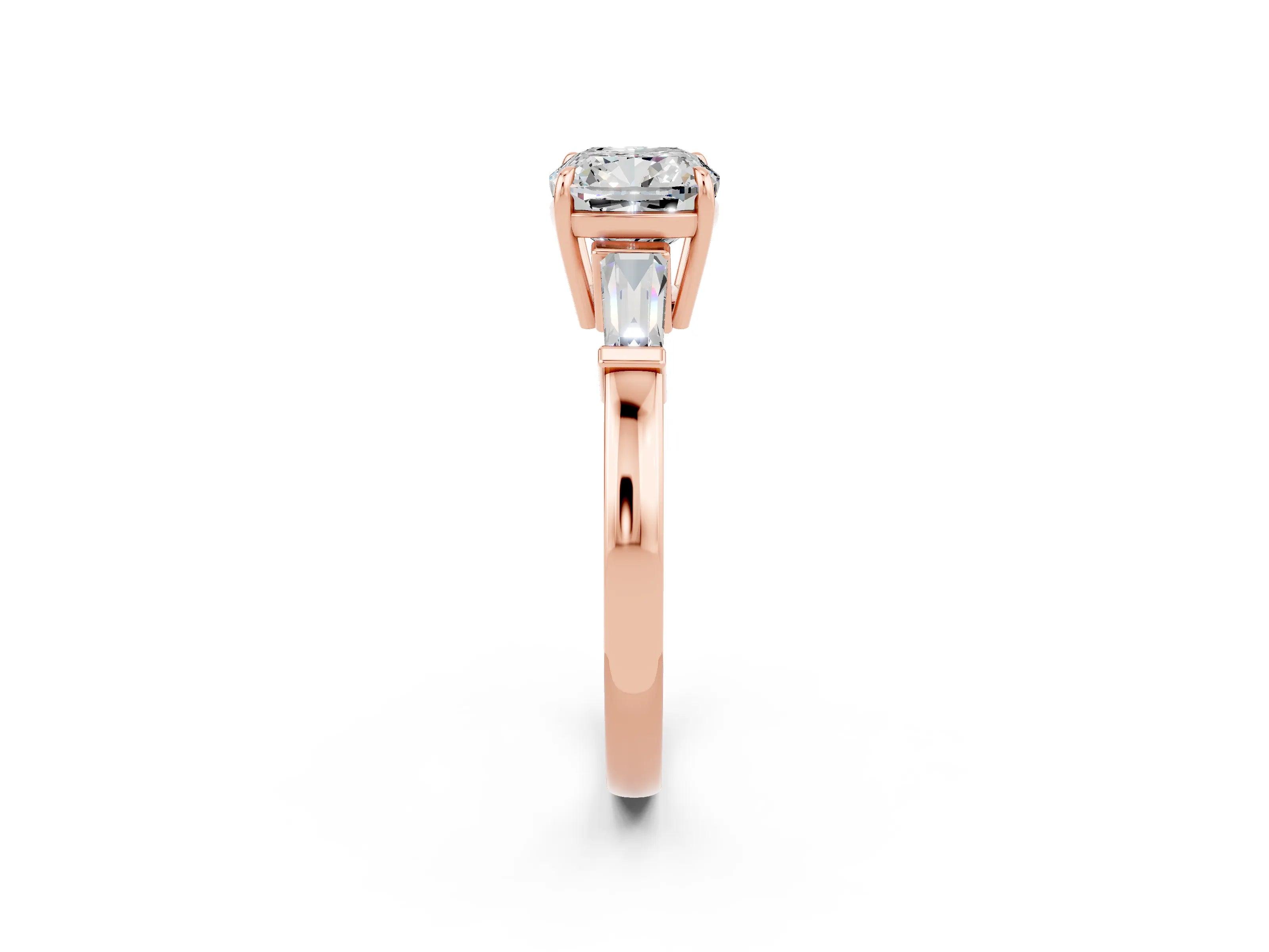 Rose gold Cushion Cut Cut Diamond Ring with Tapered Baguette Side Stones in Four-Prong Setting_2