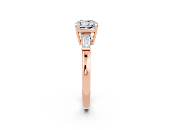 Rose gold Cushion Cut Moissanite Three-Stone Ring with Tapered Baguette Side Stones and Prong Setting