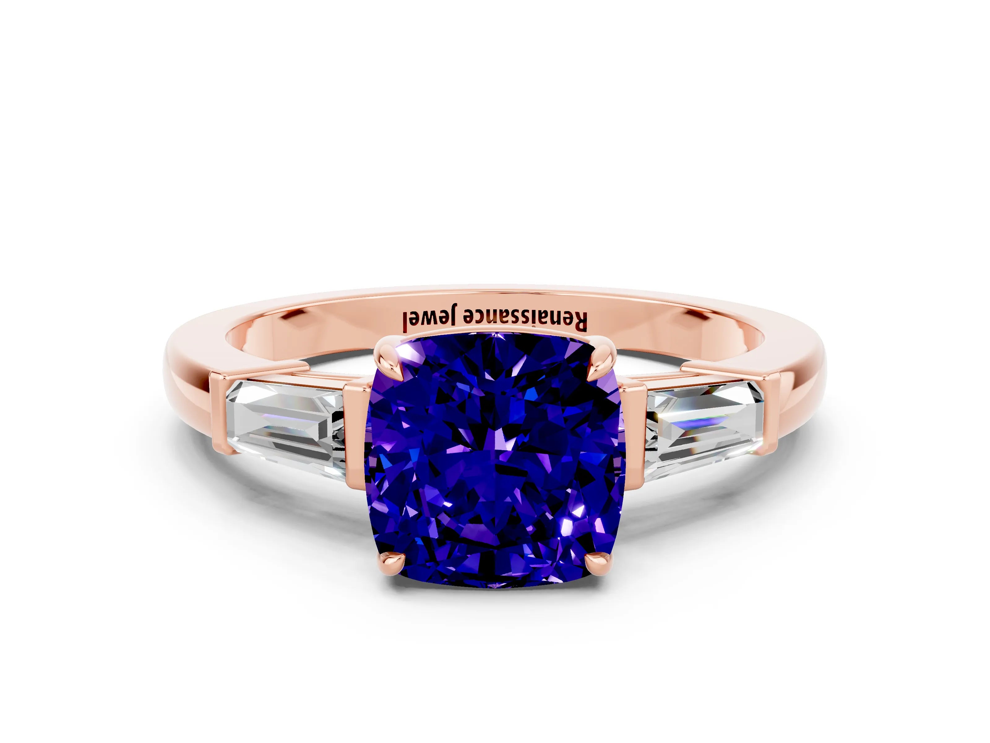 Rose gold Cushion Cut Cut Diamond Ring with Tapered Baguette Side Stones in Four-Prong Setting