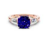 Rose gold Cushion Cut Cut Diamond Ring with Tapered Baguette Side Stones in Four-Prong Setting