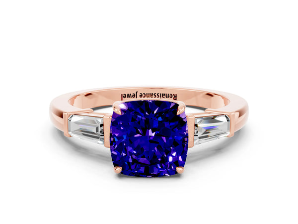 Rose gold Cushion Cut Tanzanite Three-Stone Ring with Tapered Baguette Side Stones and Prong Setting