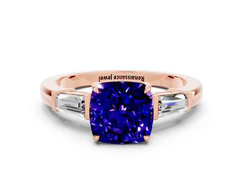 Rose gold Cushion Cut Cut Diamond Ring with Tapered Baguette Side Stones in Four-Prong Setting