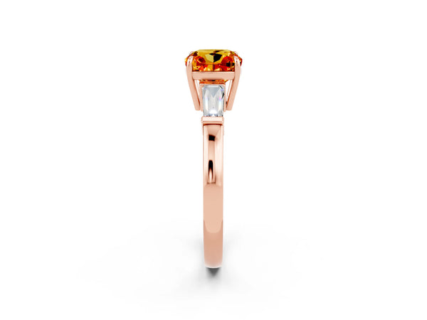 Rose gold Cushion Cut Citrine Three-Stone Ring with Tapered Baguette Side Stones and Prong Setting