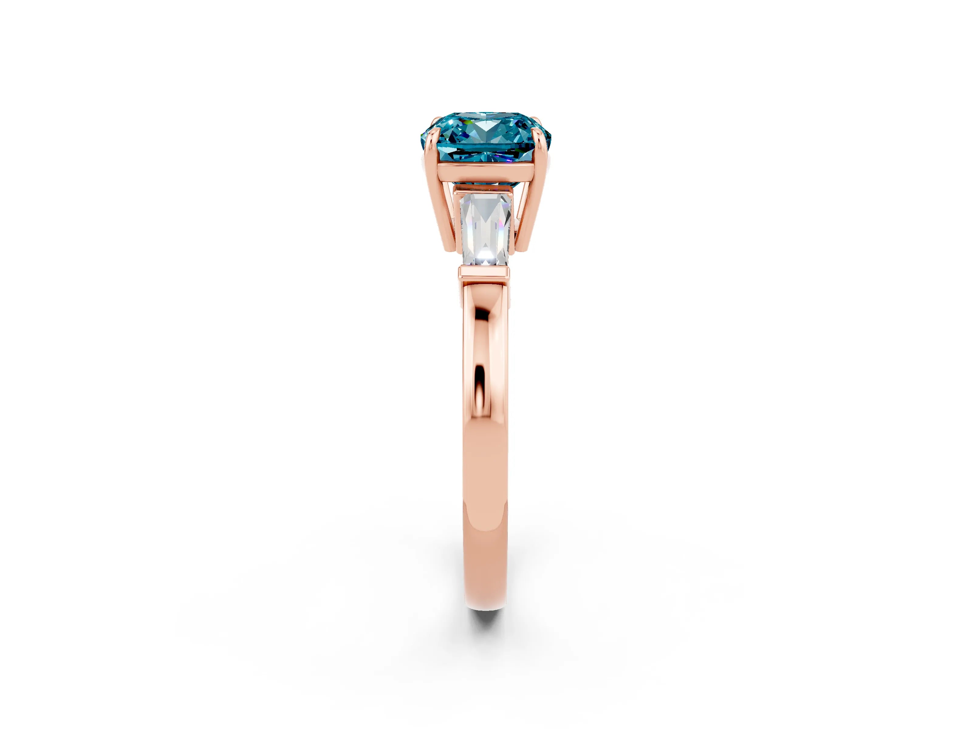 Rose gold Cushion Cut Cut Diamond Ring with Tapered Baguette Side Stones in Four-Prong Setting_2