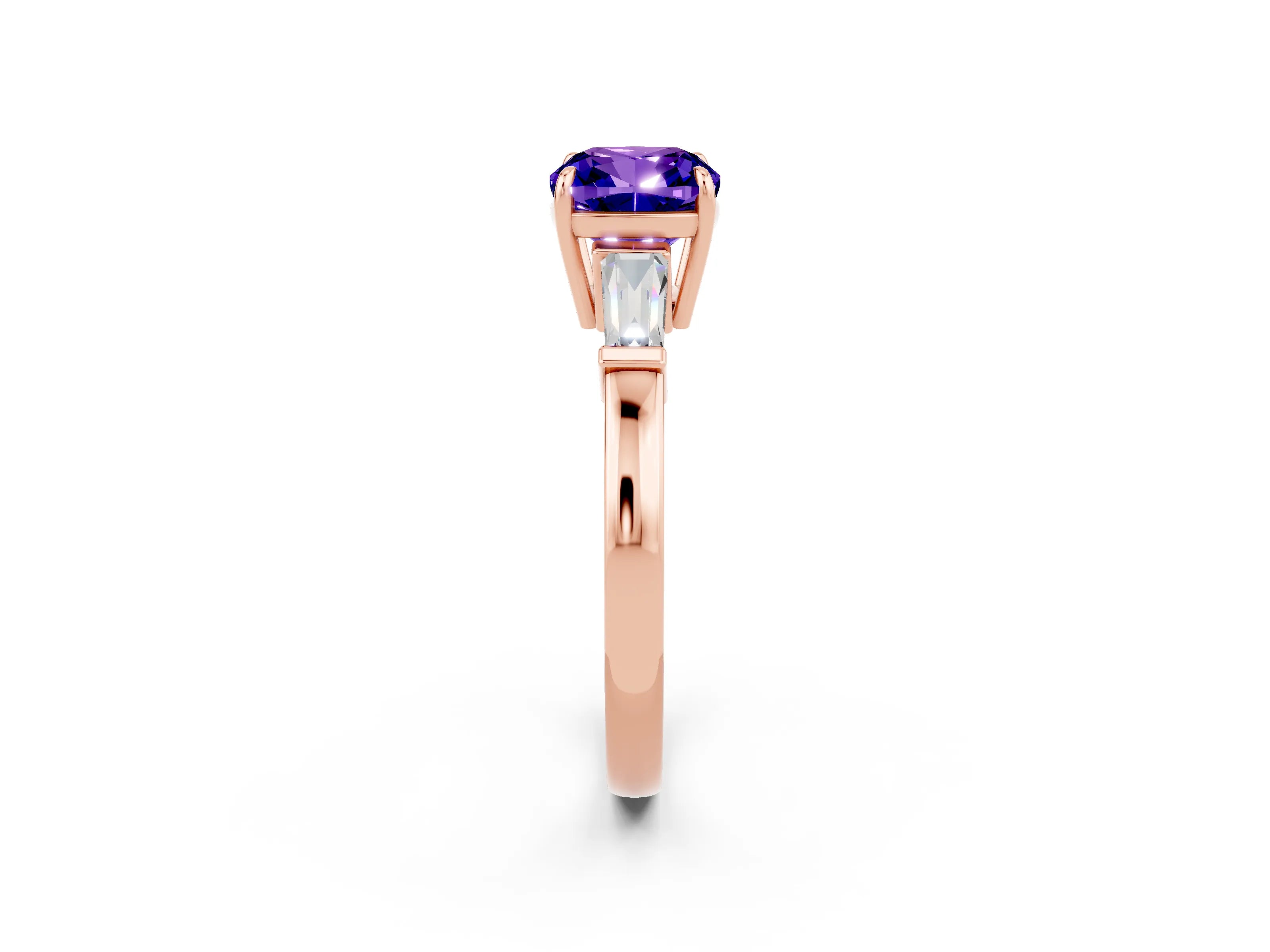 Rose gold Cushion Cut Cut Diamond Ring with Tapered Baguette Side Stones in Four-Prong Setting_2