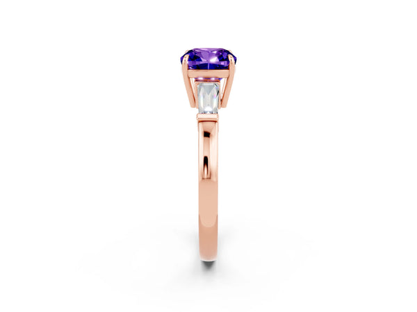 Rose gold Cushion Cut Tanzanite Three-Stone Ring with Tapered Baguette Side Stones and Prong Setting