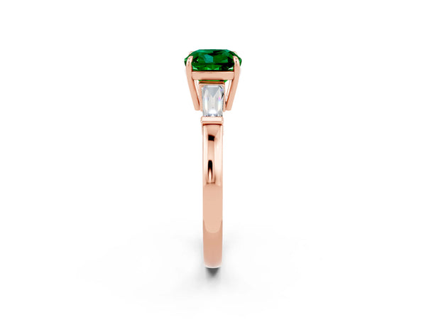 Rose gold Cushion Cut Emerald Three-Stone Ring with Tapered Baguette Side Stones and Prong Setting