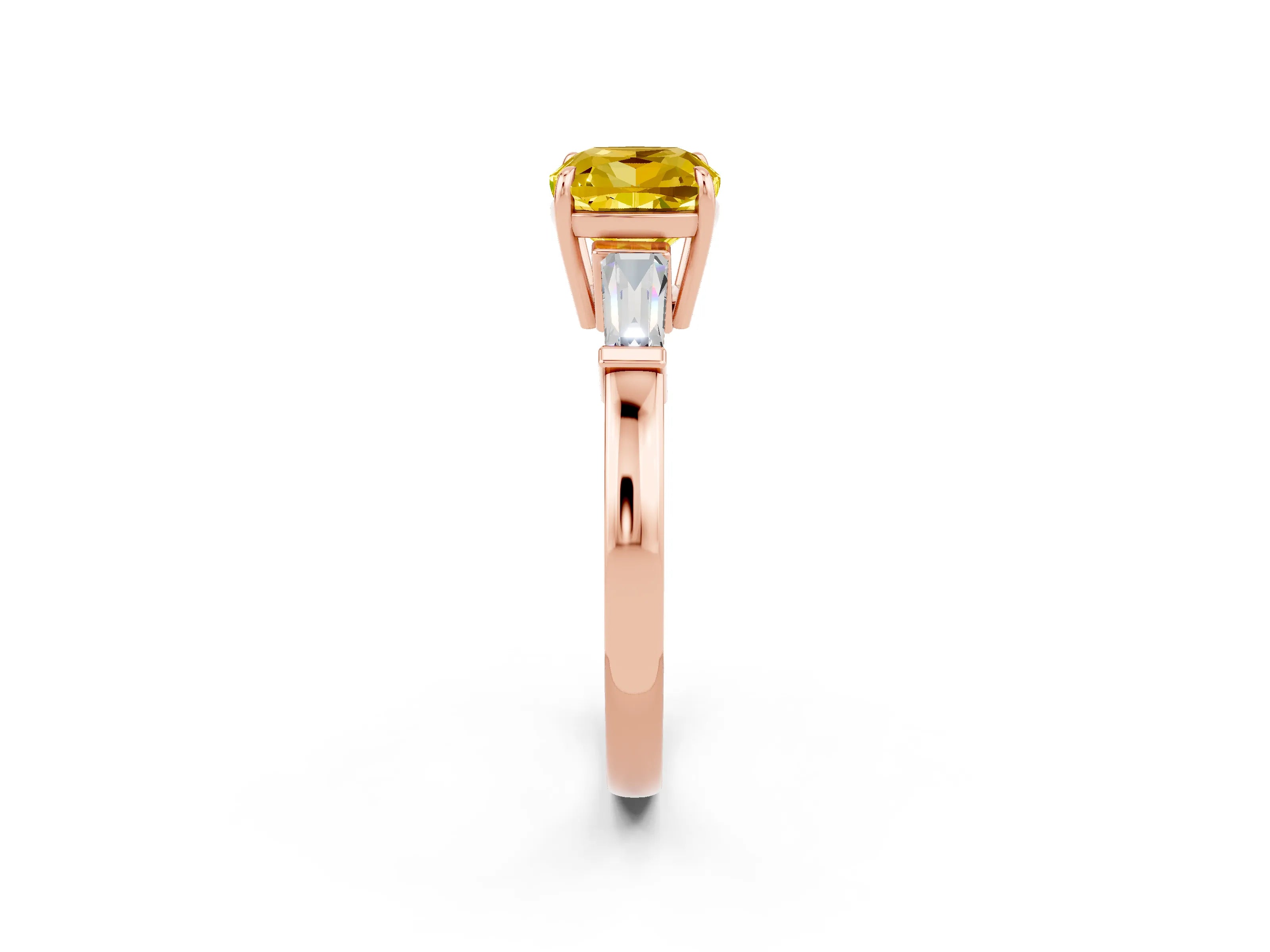 Rose gold Cushion Cut Cut Diamond Ring with Tapered Baguette Side Stones in Four-Prong Setting_2