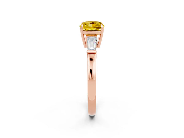 Rose gold Cushion Cut Yellow Sapphire Three-Stone Ring with Tapered Baguette Side Stones and Prong Setting